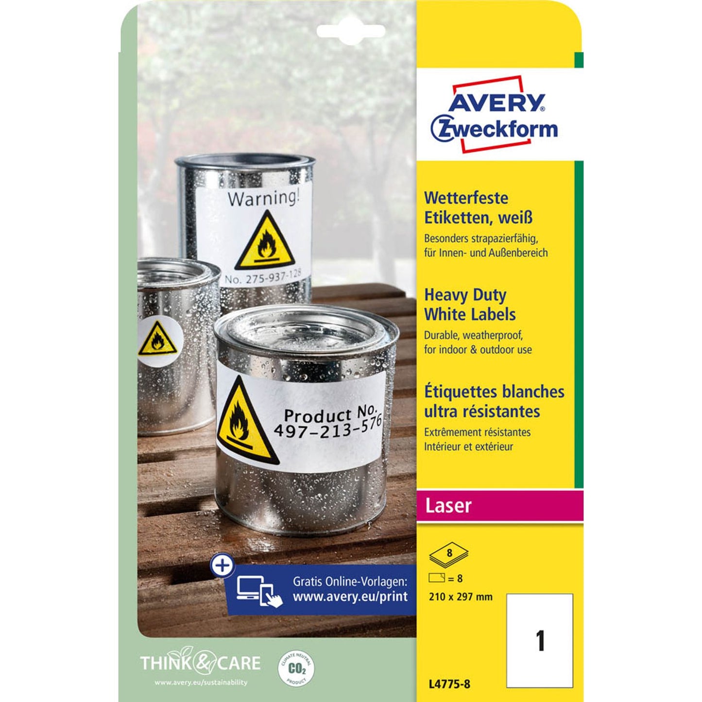 AVERY Zweckform wetterfeste Folienetiketten weiß 210,0 x 297,0 mm | L4775-8 | 1 Pack = 8 Blatt