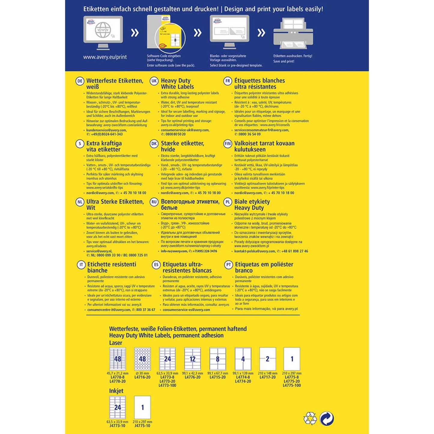 AVERY Zweckform wetterfeste Folienetiketten weiß 210,0 x 297,0 mm | L4775-8 | 1 Pack = 8 Blatt