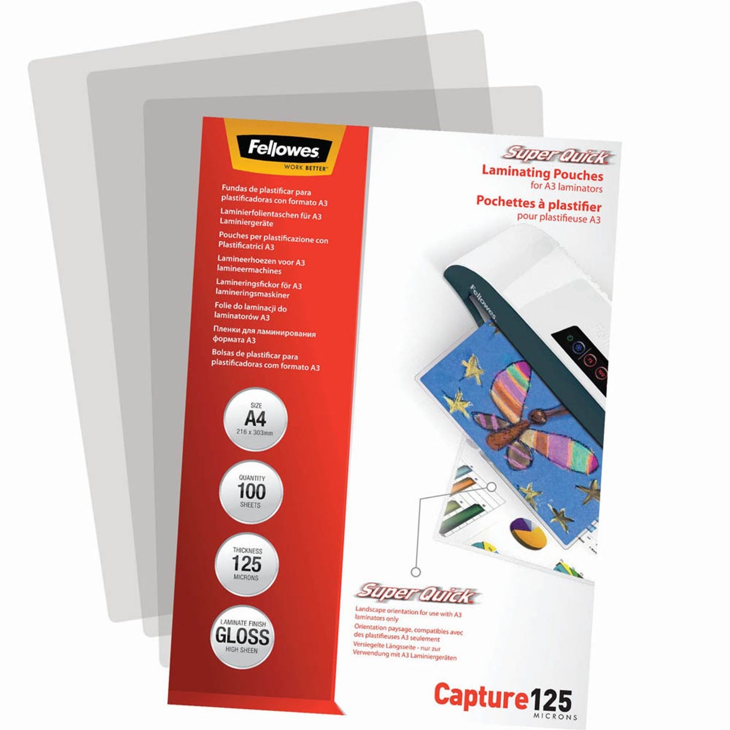 Fellowes Capture125 SuperQuick Laminierfolien glänzend für A4 125 micron | 5440101 | 1 Pack = 100 St.