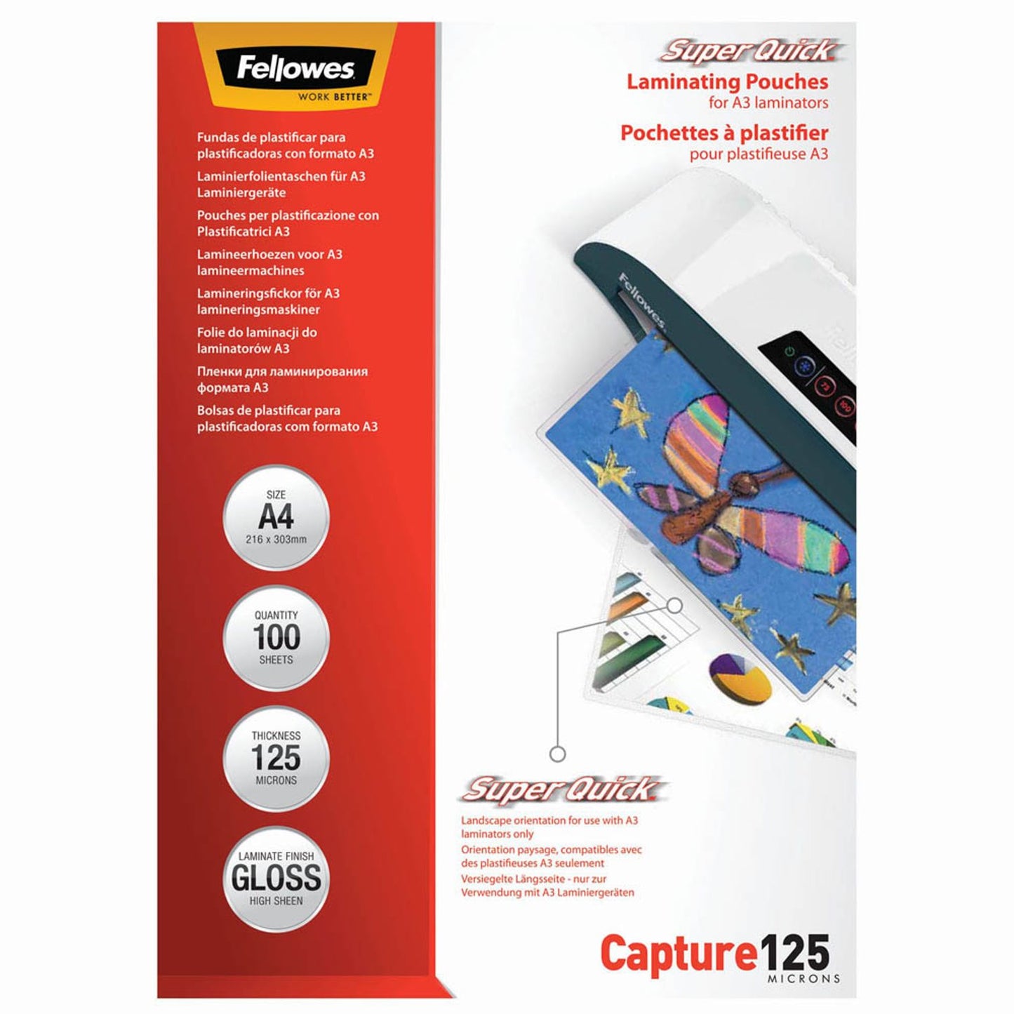 Fellowes Capture125 SuperQuick Laminierfolien glänzend für A4 125 micron | 5440101 | 1 Pack = 100 St.