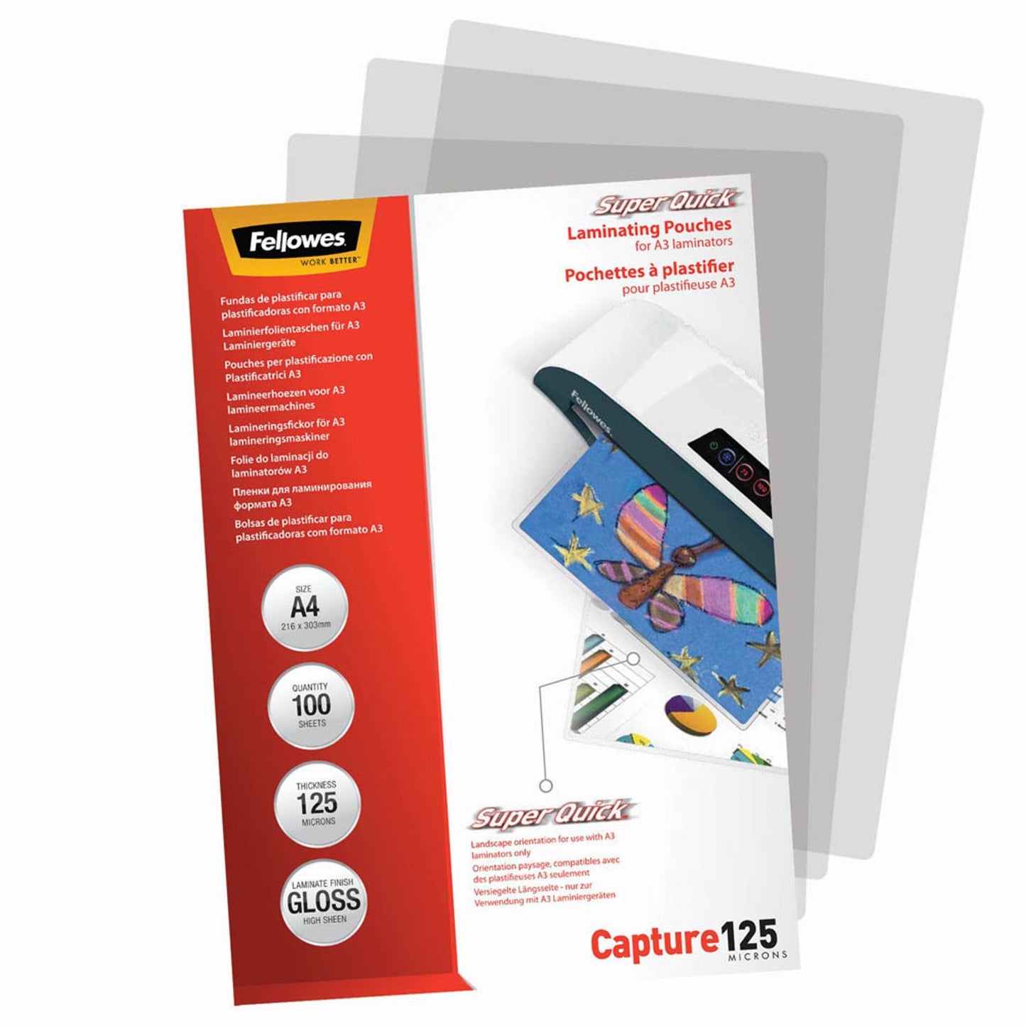 Fellowes Capture125 SuperQuick Laminierfolien glänzend für A4 125 micron | 5440101 | 1 Pack = 100 St.