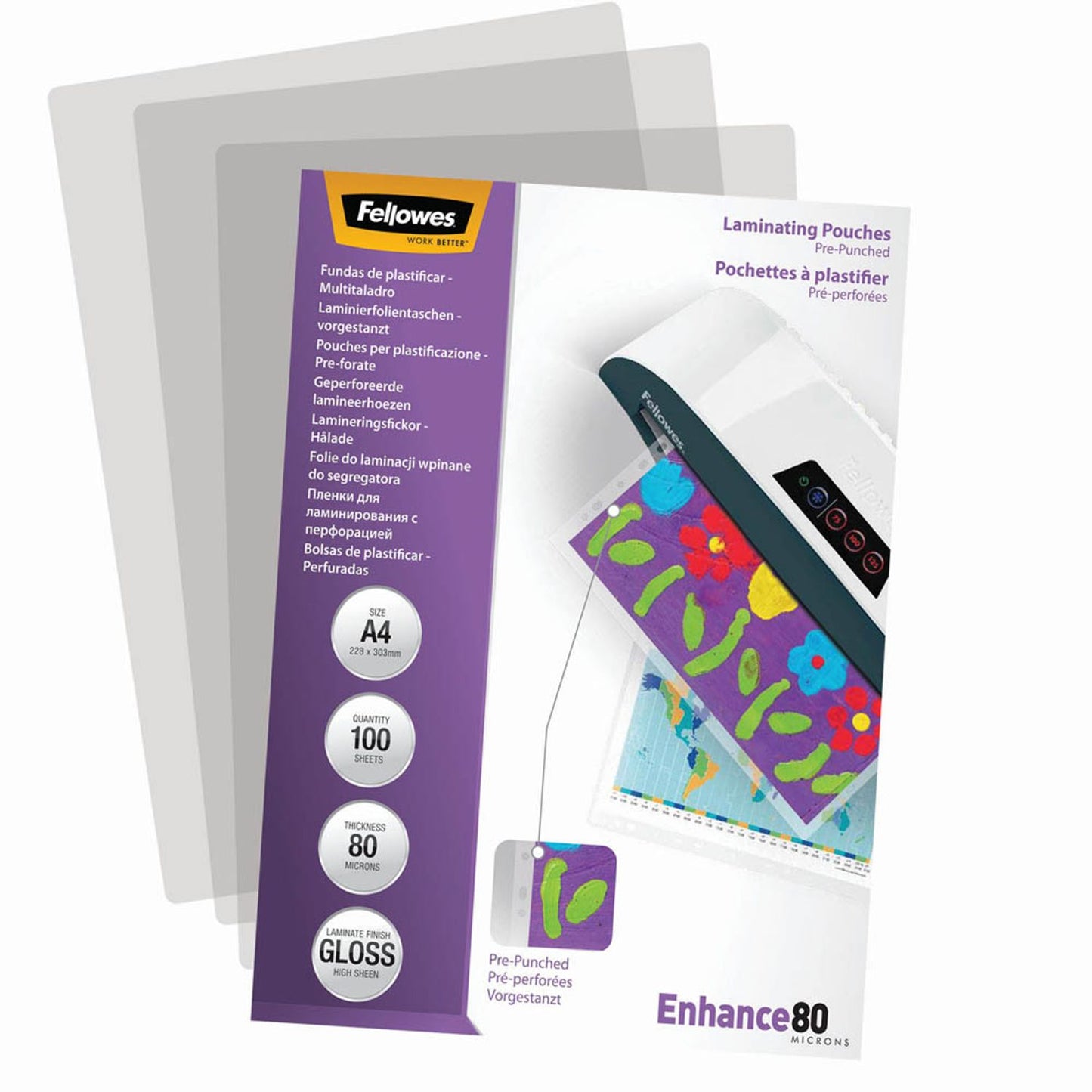 Fellowes Enhance80 Laminierfolien glänzend für A4 80 micron Universal-Lochung | 5452502 | 1 Pack = 100 St.