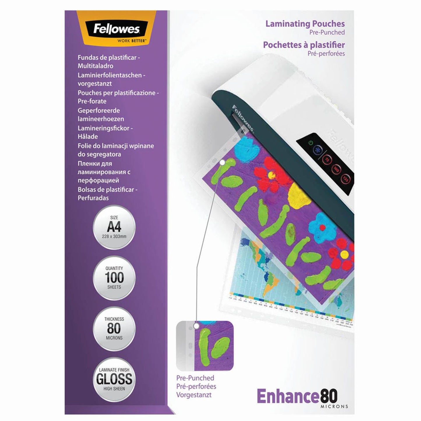Fellowes Enhance80 Laminierfolien glänzend für A4 80 micron Universal-Lochung | 5452502 | 1 Pack = 100 St.