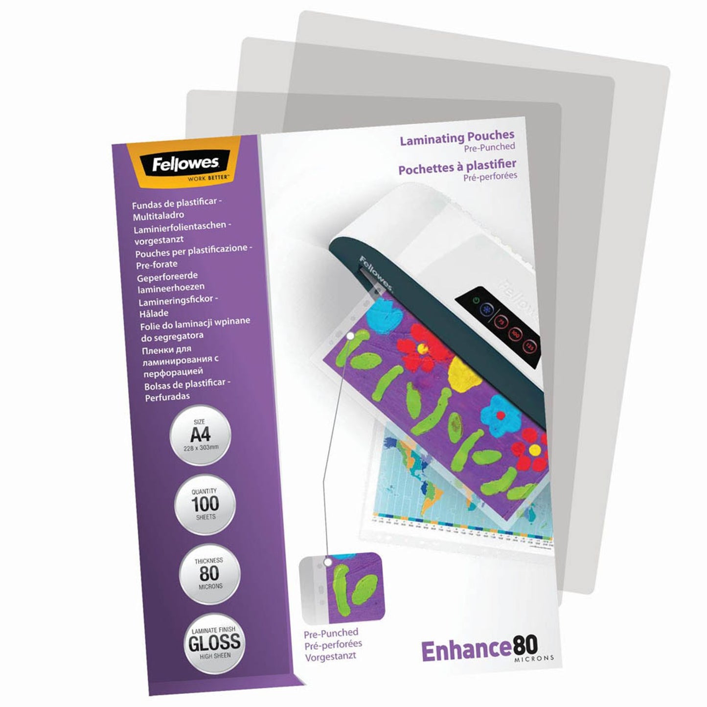 Fellowes Enhance80 Laminierfolien glänzend für A4 80 micron Universal-Lochung | 5452502 | 1 Pack = 100 St.
