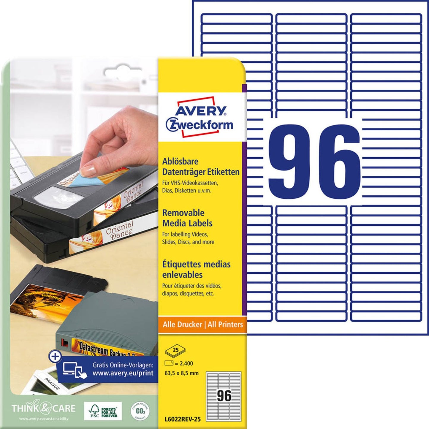AVERY Zweckform Etiketten weiß 63,5 x 8,5 mm | L6022REV-25 | 1 Pack = 25 Blatt