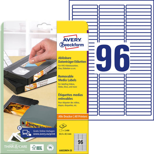AVERY Zweckform Etiketten weiß 63,5 x 8,5 mm | L6022REV-25 | 1 Pack = 25 Blatt