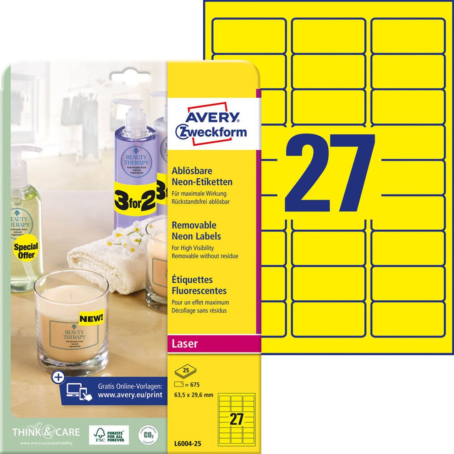 AVERY Zweckform Etiketten gelb 63,5 x 29,6 mm | L6004-25 | 1 Pack = 25 Blatt