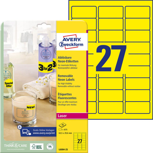 AVERY Zweckform Etiketten gelb 63,5 x 29,6 mm | L6004-25 | 1 Pack = 25 Blatt
