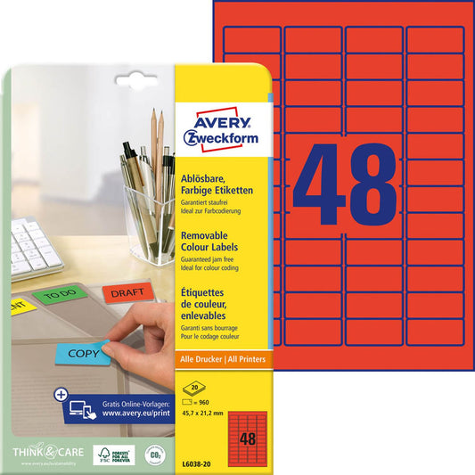 AVERY Zweckform Etiketten rot 45,7 x 21,2 mm | L6038-20 | 1 Pack = 20 Blatt