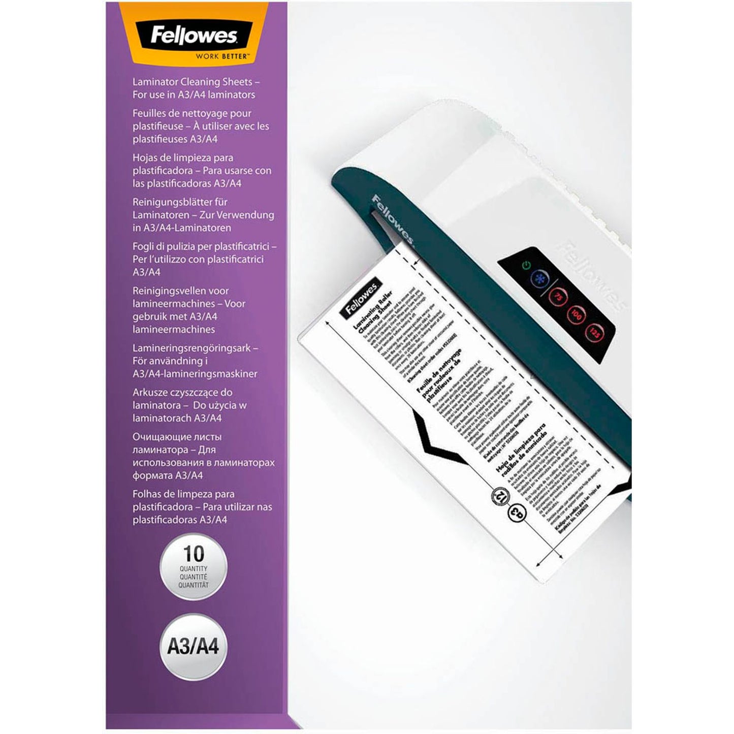 Fellowes Reinigungsblätter mit Carrierfunktion für Laminiergeräte glänzend für diverse Formate bis A3 | 5320604 | 1 Pack = 10 St.