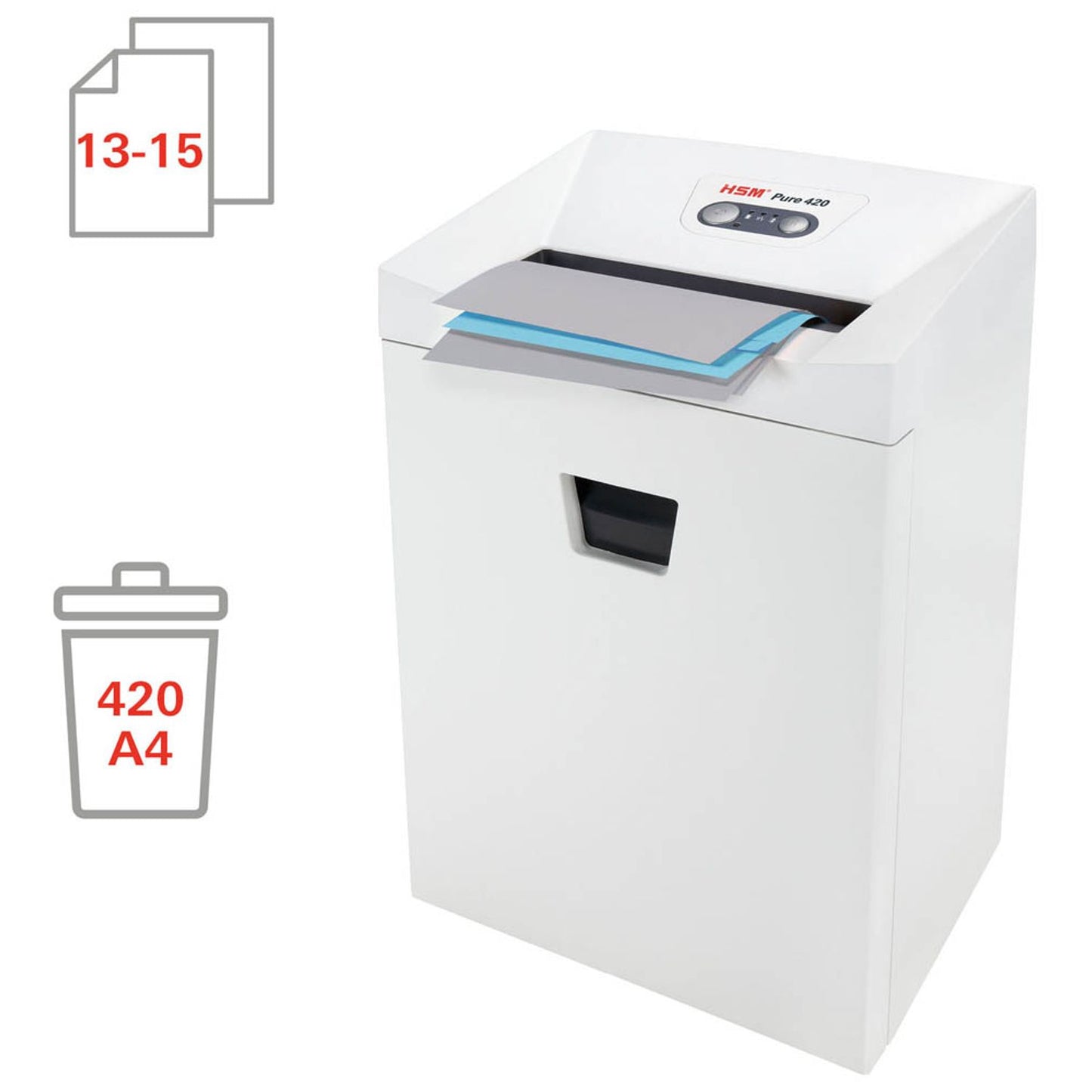 HSM Pure 420 Aktenvernichter mit Partikelschnitt P-4, 4,5 x 30 mm, bis , weiß | 2343111