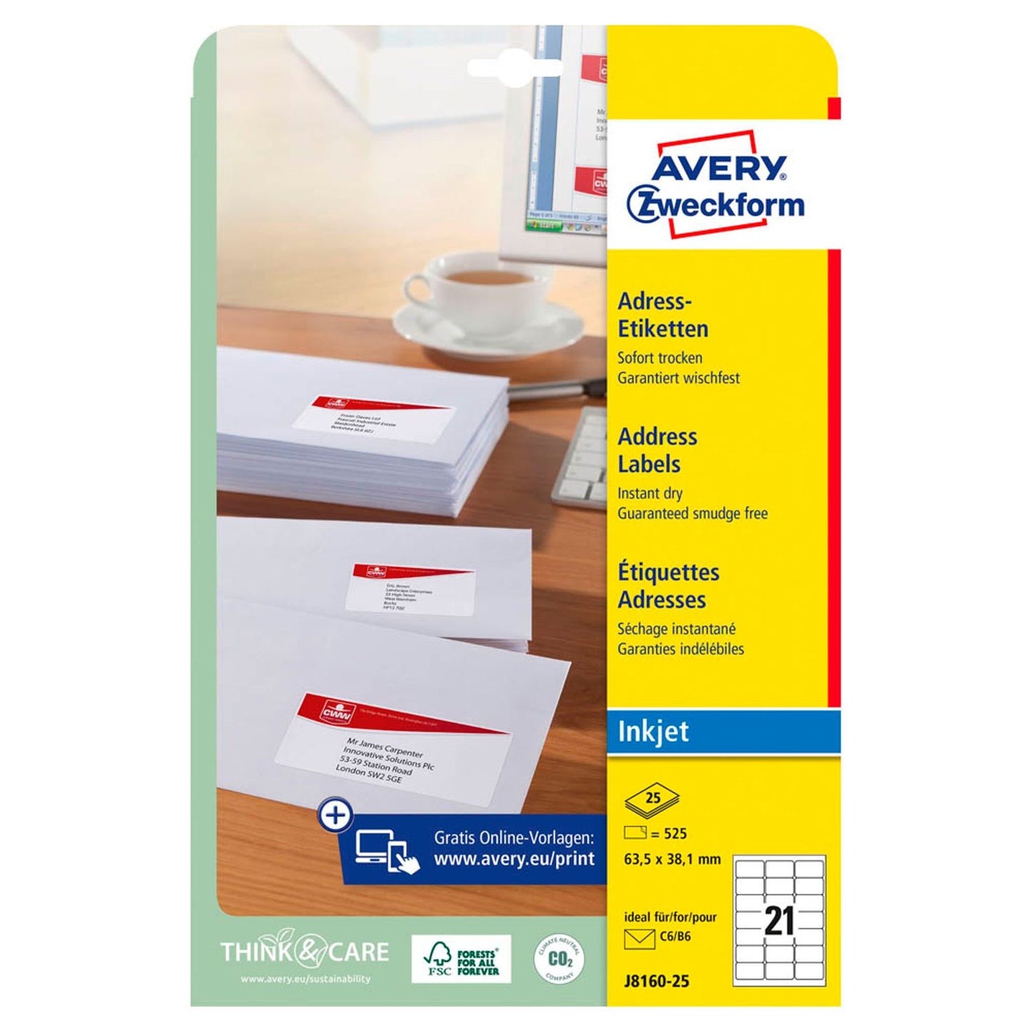 AVERY Zweckform Adressetiketten weiß 63,5 x 38,1 mm | J8160-25 | 1 Pack = 25 Blatt