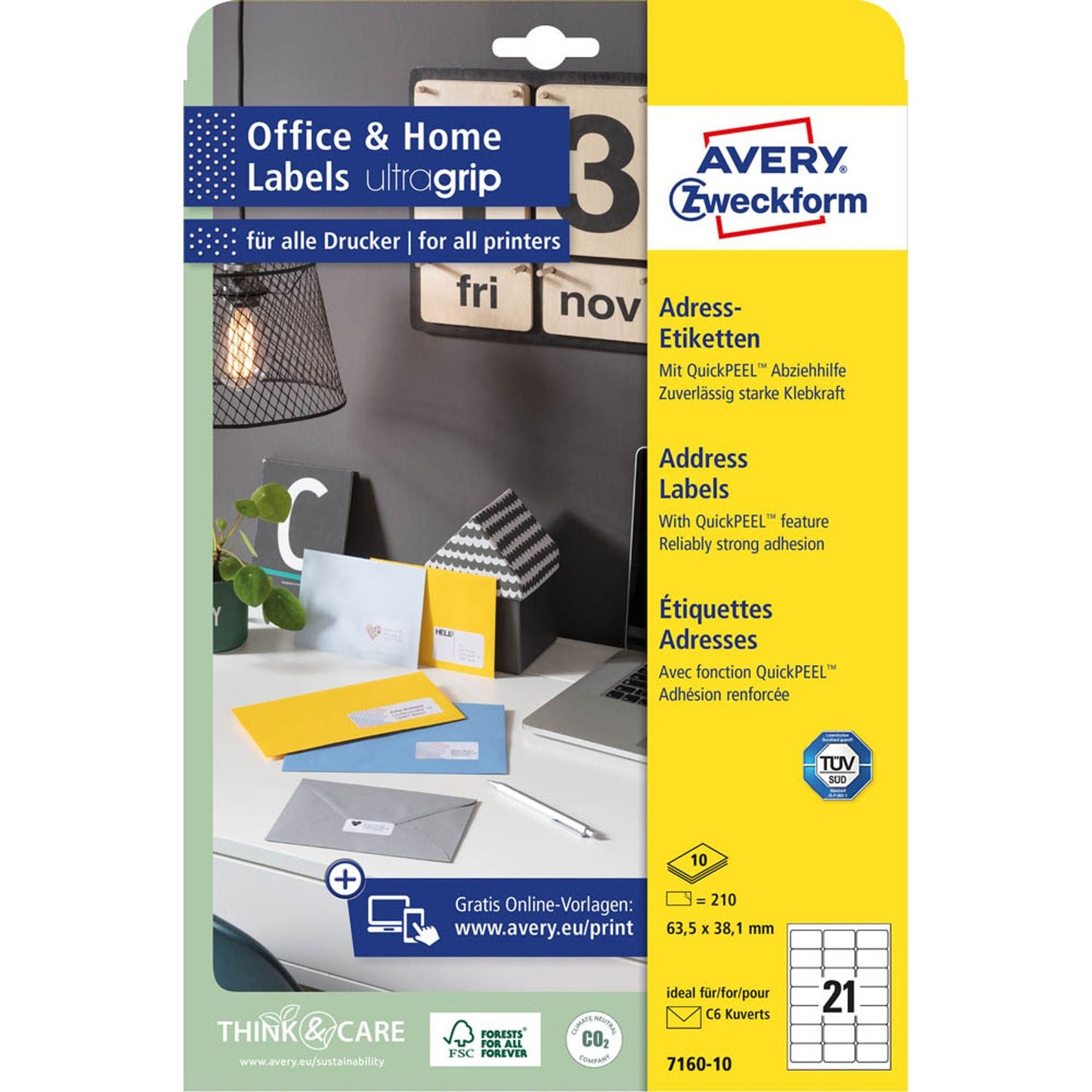 AVERY Zweckform Adressetiketten weiß 63,5 x 38,1 mm | 7160-10 | 1 Pack = 10 Blatt