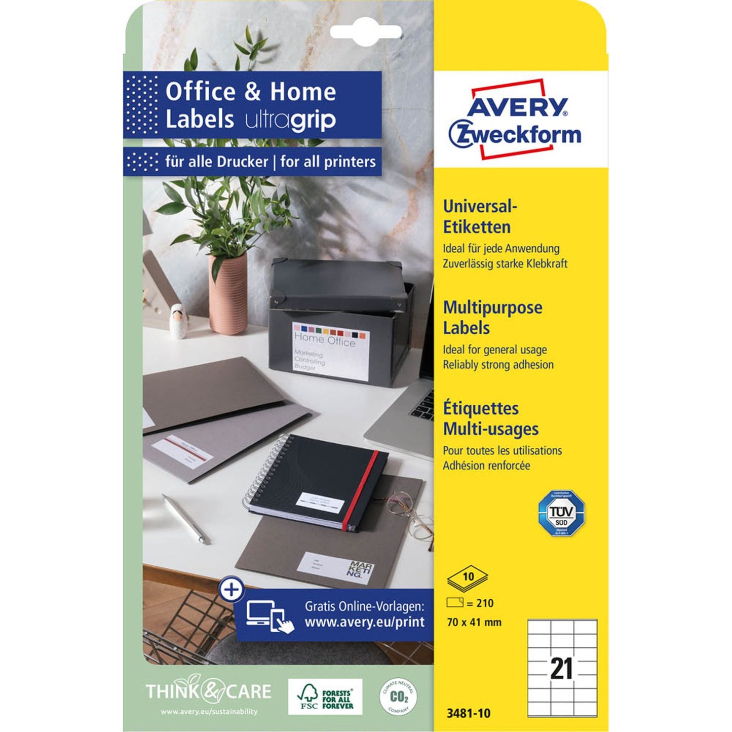 AVERY Zweckform Etiketten weiß 70,0 x 41,0 mm | 3481-10 | 1 Pack = 10 Blatt
