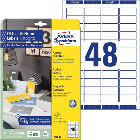 AVERY Zweckform Adressetiketten weiß 45,7 x 21,2 mm | 7636-10 | 1 Pack = 10 Blatt