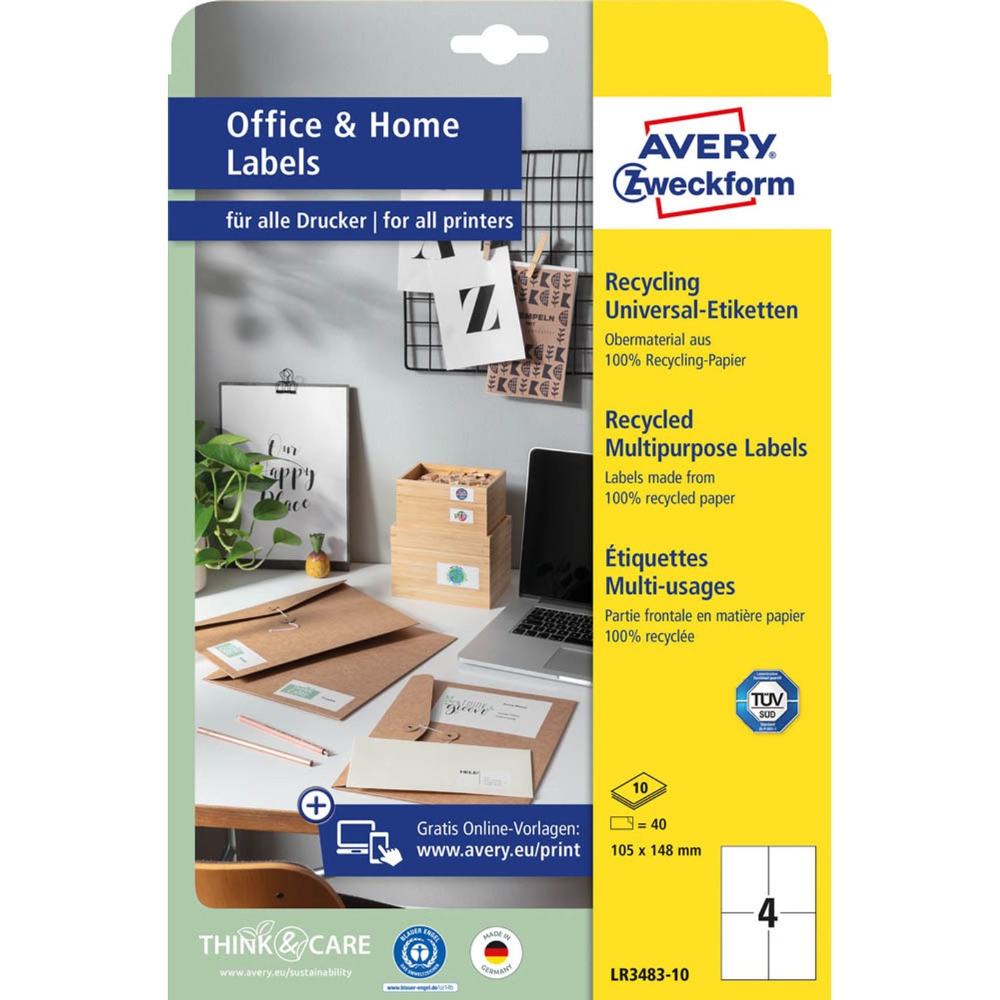 AVERY Zweckform Etiketten weiß 105,0 x 148,0 mm | LR3483-10 | 1 Pack = 10 Blatt