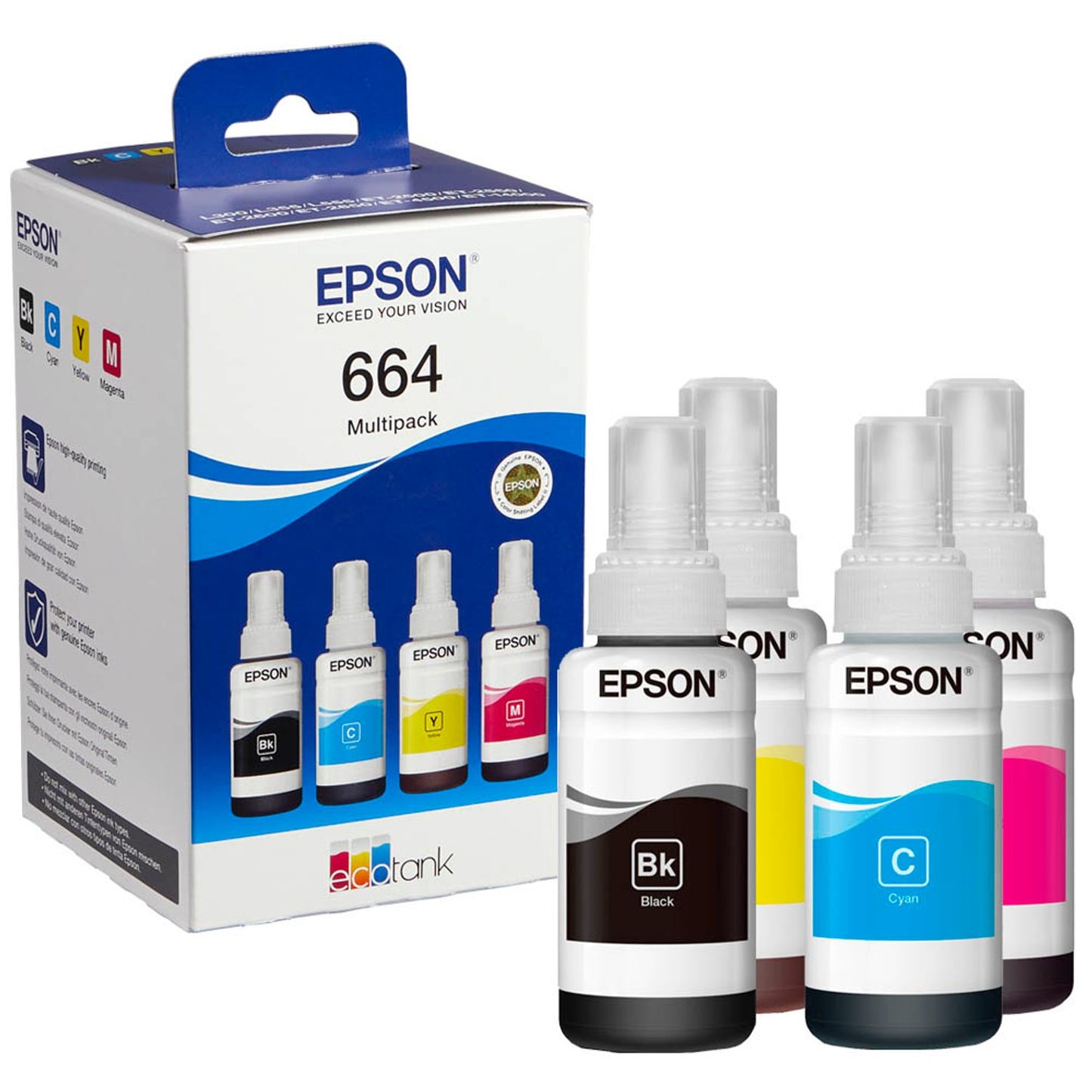 EPSON T6646 schwarz, cyan, magenta, gelb Tintenflaschen, 4er-Set | C13T664640 | 1 Pack = 4 St.
