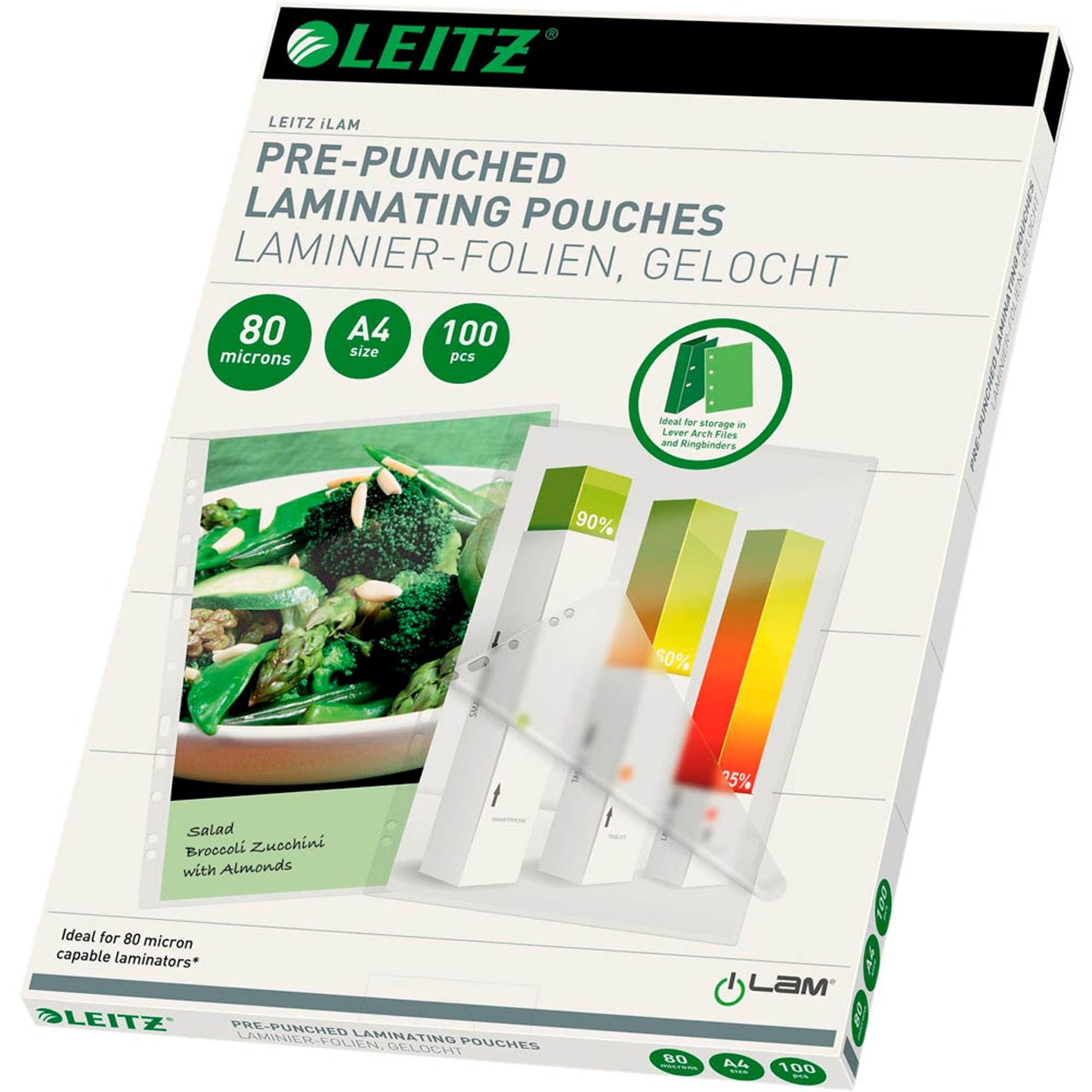 LEITZ Laminierfolien glänzend für A4 80 micron Universal-Lochung | 16918 | 1 Pack = 100 St.