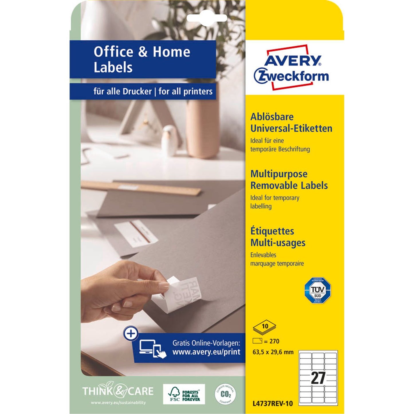 AVERY Zweckform Etiketten weiß 63,5 x 29,6 mm | L4737REV-10 | 1 Pack = 10 Blatt