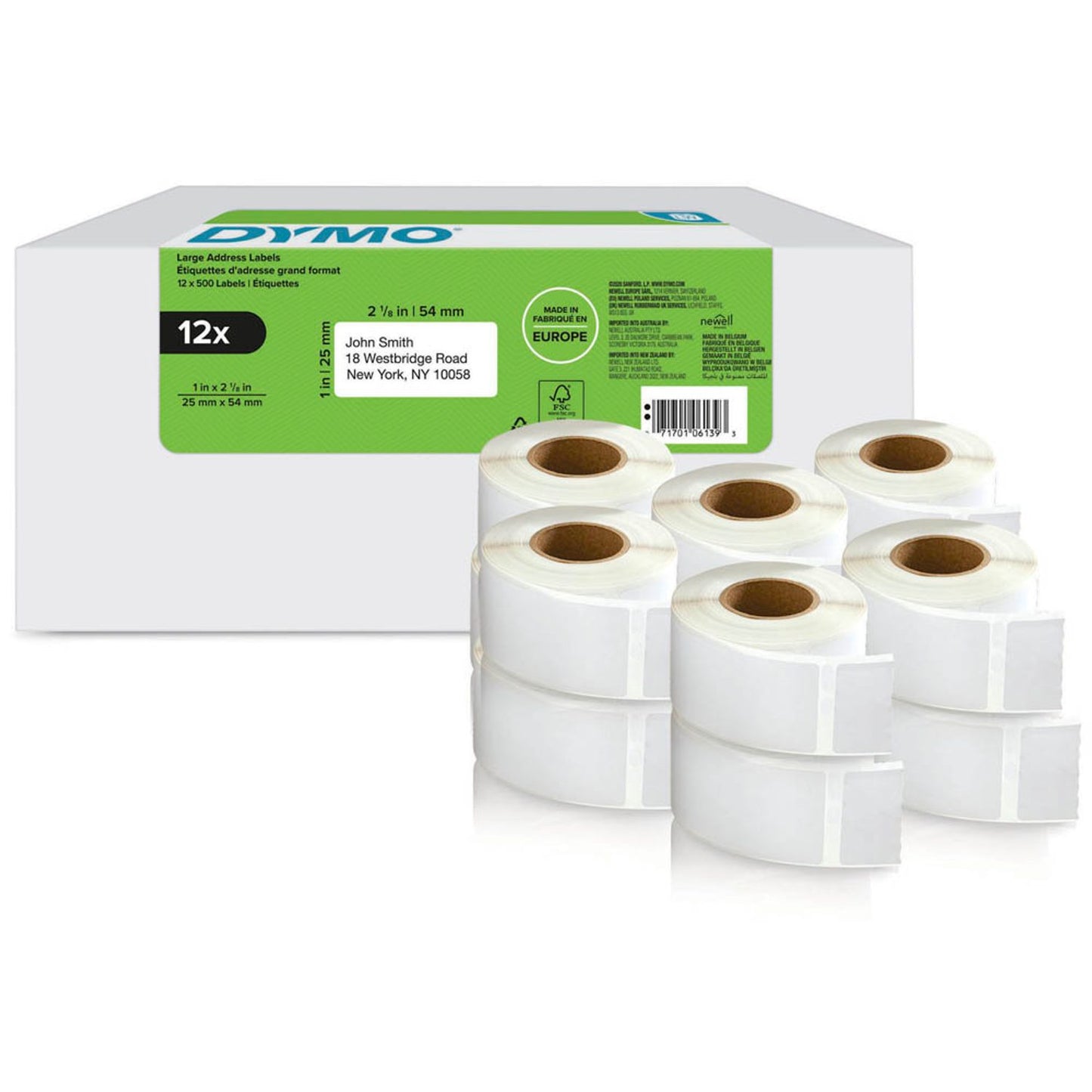 DYMO Etikettenrollen für Etikettendrucker weiß, 54,0 x 25,0 mm, 12 x 500 Etiketten | 2177563 | 1 Pack = 12x 500 Etiketten