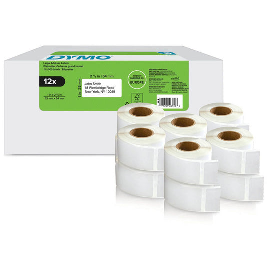 DYMO Etikettenrollen für Etikettendrucker weiß, 54,0 x 25,0 mm, 12 x 500 Etiketten | 2177563 | 1 Pack = 12x 500 Etiketten