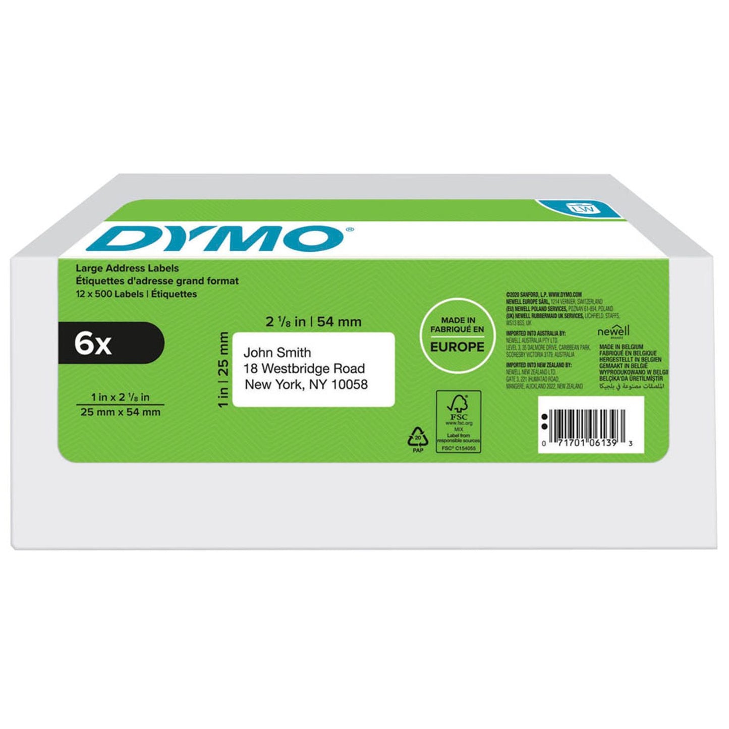 DYMO Etikettenrollen für Etikettendrucker weiß, 54,0 x 25,0 mm, 6 x 500 Etiketten | 2177564 | 1 Pack = 6x 500 Etiketten