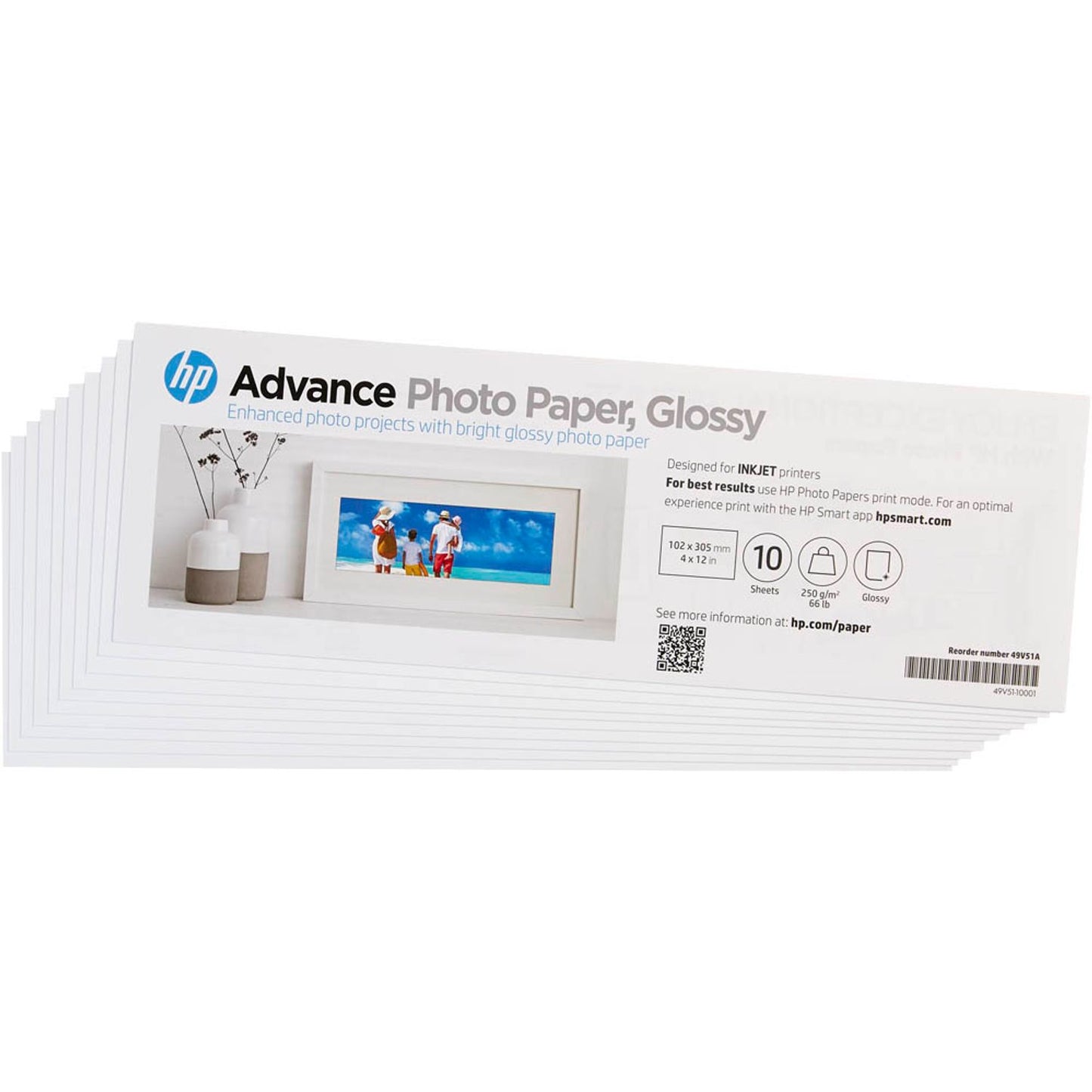 HP Fotopapier 10,0 x 30,5 cm glänzend 250 g/qm | 49V51A | 1 Pack = 10 Blatt