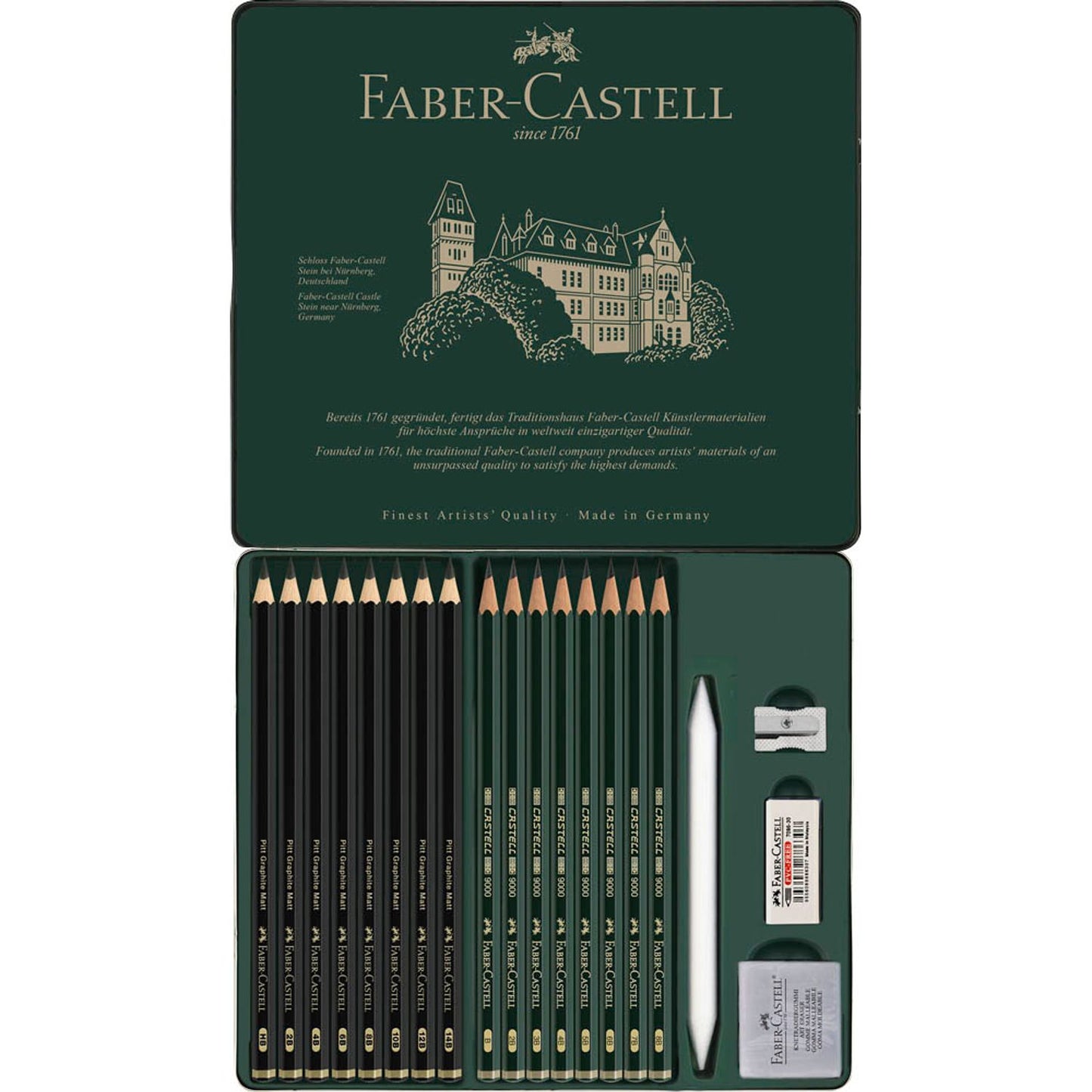 FABER-CASTELL Pitt Graphite Matt Bleistift-Set B, HB, 2B, 3B, 4B, 5B, 6B, 7B, 8B, 10B, 12B, 14B schwarz/grün mit Radierer | 115224