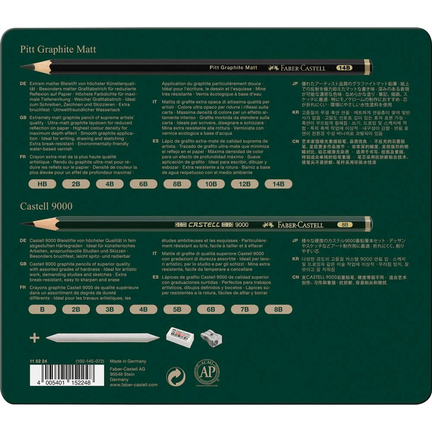 FABER-CASTELL Pitt Graphite Matt Bleistift-Set B, HB, 2B, 3B, 4B, 5B, 6B, 7B, 8B, 10B, 12B, 14B schwarz/grün mit Radierer | 115224