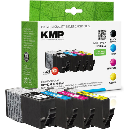 KMP H188XLV schwarz, cyan, magenta, gelb Druckerpatronen kompatibel zu HP 912XL (3YP34AE), 4er-Set | 1765,0005 | 1 Pack = 4 St.