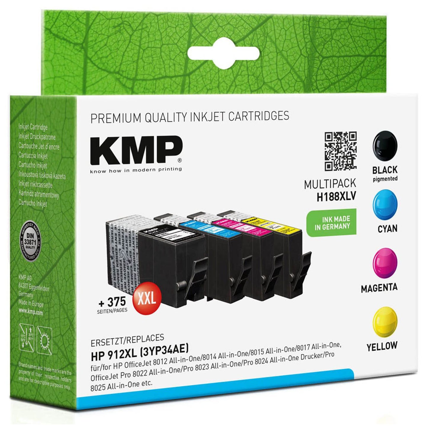 KMP H188XLV schwarz, cyan, magenta, gelb Druckerpatronen kompatibel zu HP 912XL (3YP34AE), 4er-Set | 1765,0005 | 1 Pack = 4 St.
