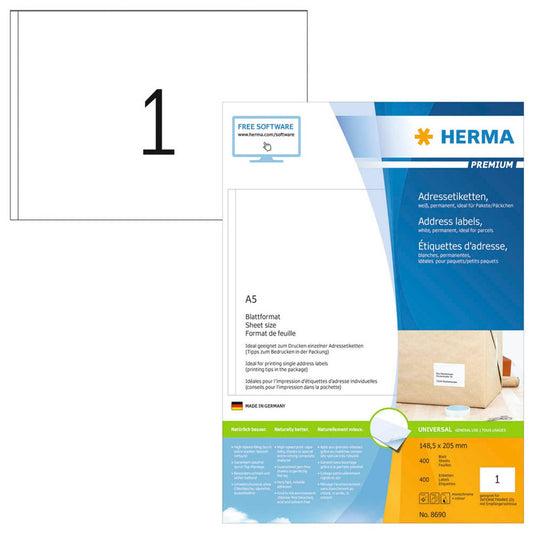 HERMA Etiketten weiß 148,5 x 205,0 mm | 8690 | 1 Pack = 400 Blatt