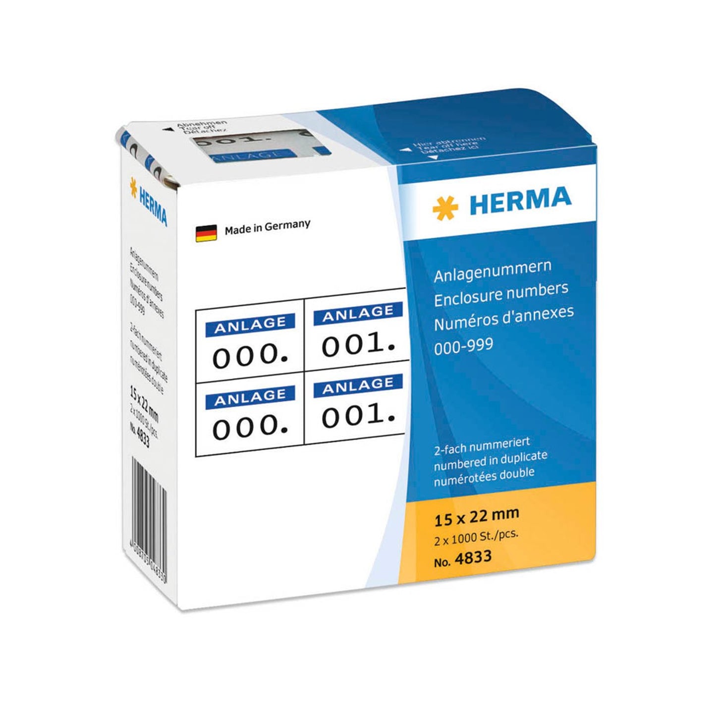 HERMA Klebenummern Zahlen, weiß/blau 15,0 x 22,0 mm, 2x1.000 Etiketten | 4833