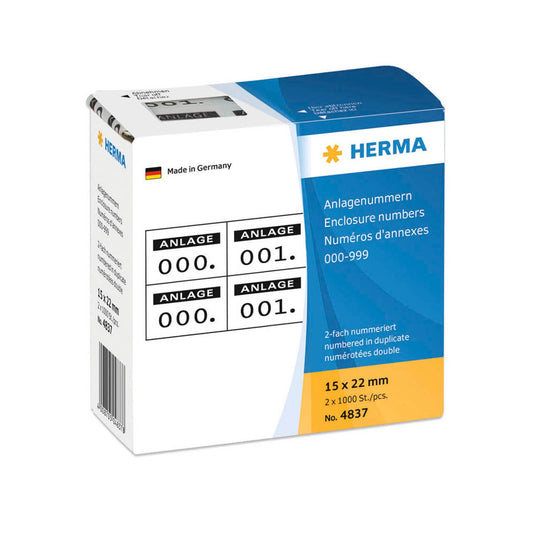 HERMA Klebenummern Zahlen, weiß/schwarz 15,0 x 22,0 mm, 2x1.000 Etiketten | 4837