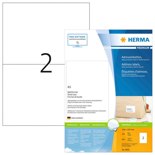 HERMA Adressetiketten weiß 148,0 x 105,0 mm | 8691 | 1 Pack = 400 Blatt
