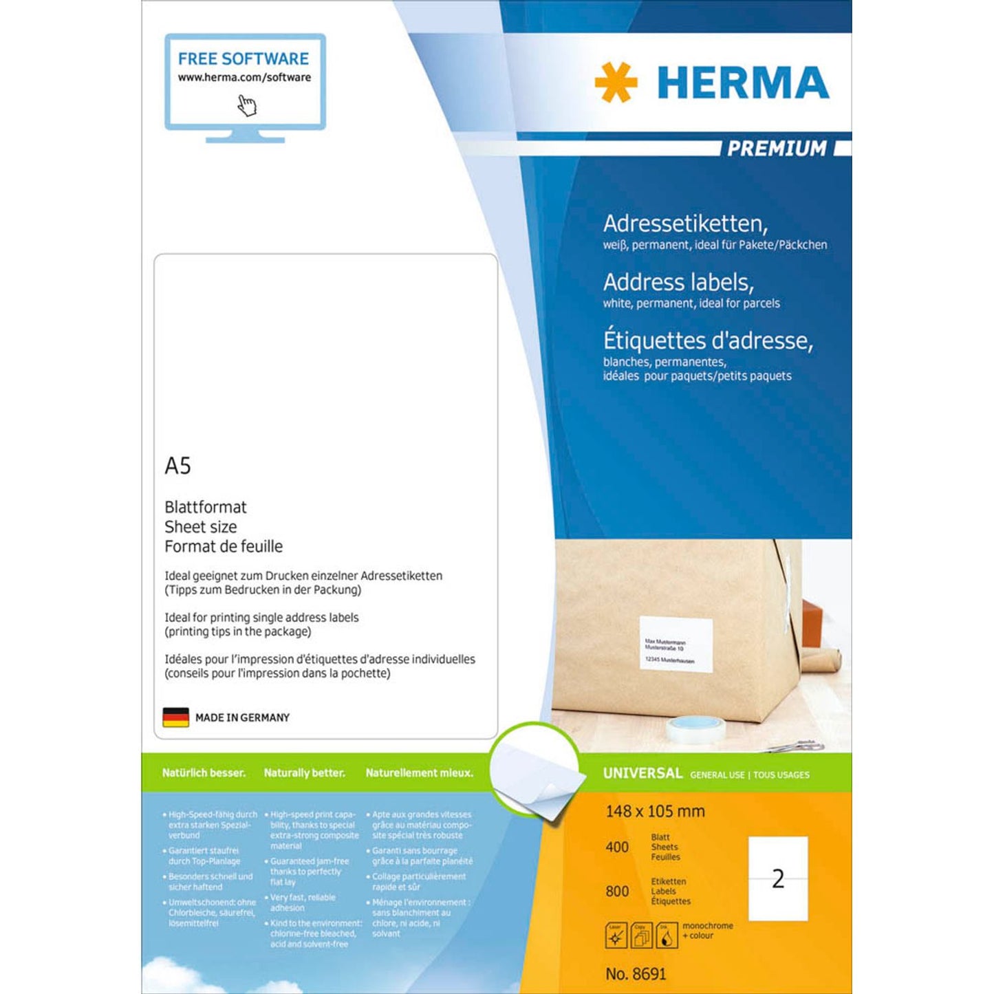HERMA Adressetiketten weiß 148,0 x 105,0 mm | 8691 | 1 Pack = 400 Blatt