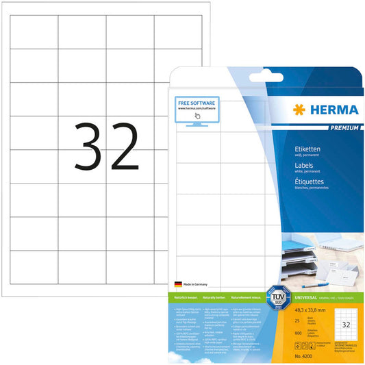 HERMA Etiketten weiß 48,3 x 33,8 mm | 4200 | 1 Pack = 25 Blatt
