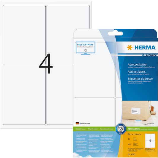 HERMA Adressetiketten weiß 99,1 x 139,0 mm | 4503 | 1 Pack = 25 Blatt
