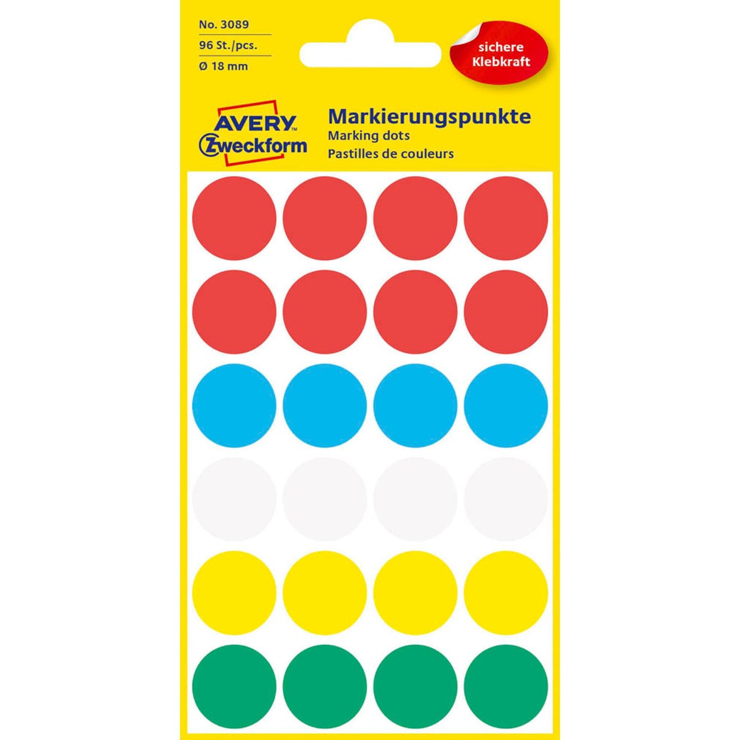 AVERY Zweckform Klebepunkte farbsortiert Ø 18,0 mm | 3089 | 1 Pack = 96 St.