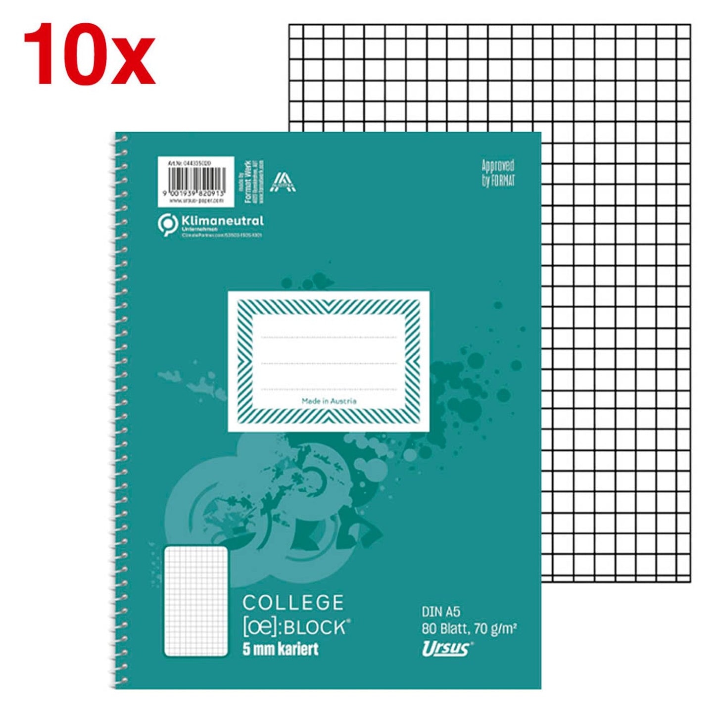Ursus Collegeblöcke Kleinformat kariert DIN A5 Innenrand | 44335020 | 1 Pack = 10 Blöcke