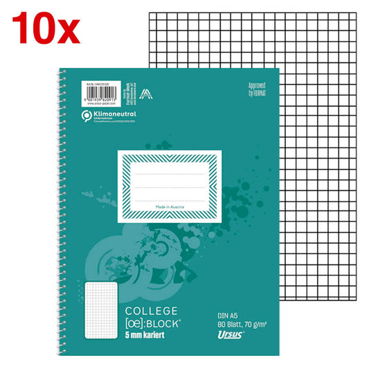 Ursus Collegeblöcke Kleinformat kariert DIN A5 Innenrand | 44335020 | 1 Pack = 10 Blöcke