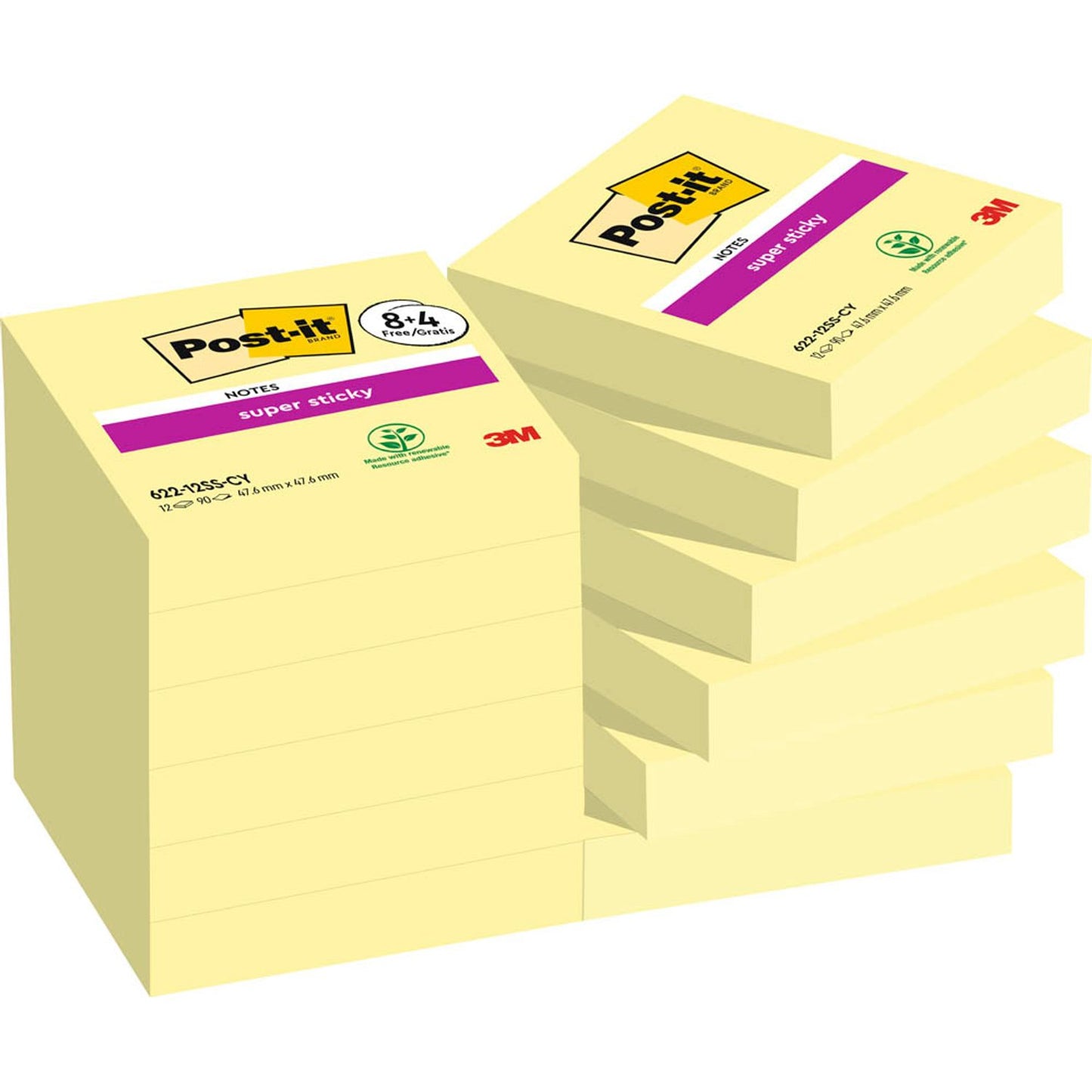 Post-it® + 4 GRATIS: Super Sticky Notes Haftnotizen extrastark gelb, 8 Blöcke + GRATIS 4 Blöcke | 7100290178 | 1 Aktionspack = 8 Blöcke