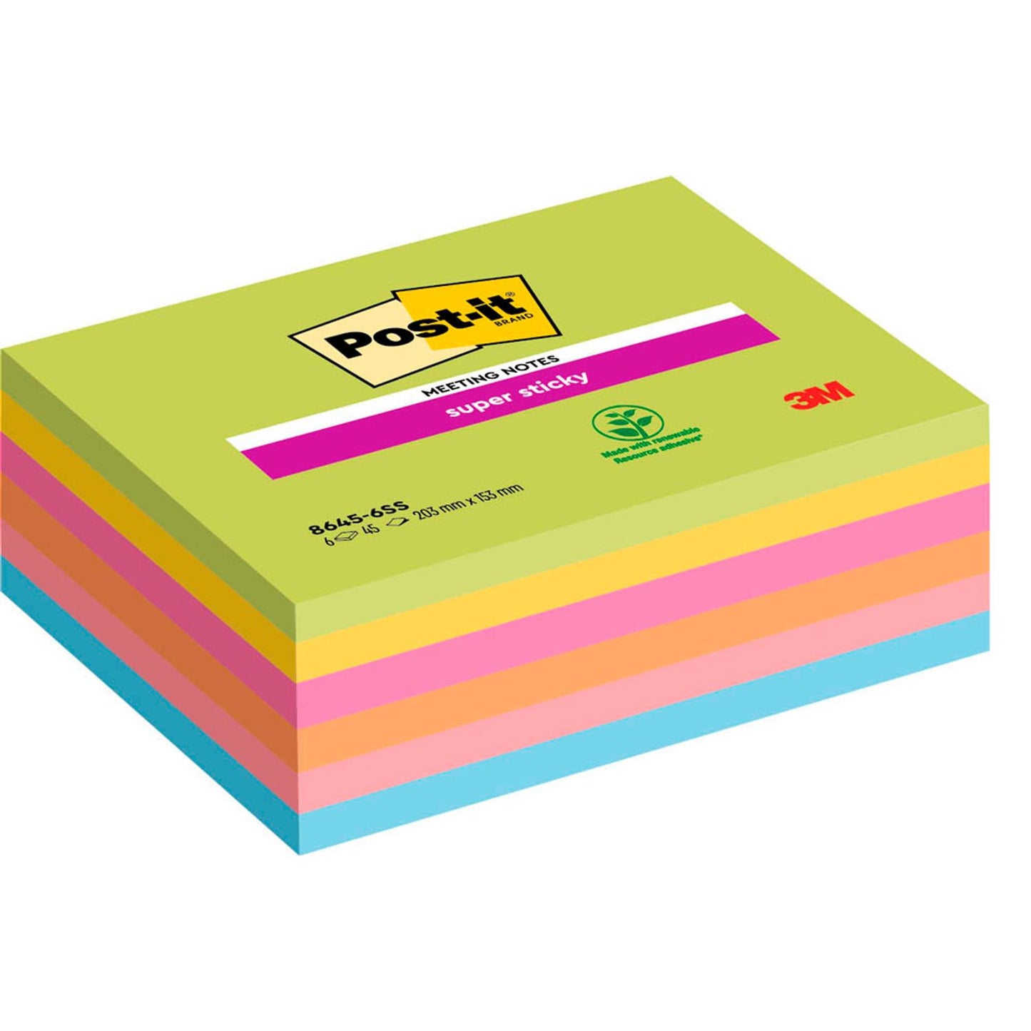 Post-it® Super Sticky Meeting Notes Haftnotizen extrastark farbsortiert, 6 Blöcke | 8645-6SS-EU | 1 Pack = 6 Blöcke