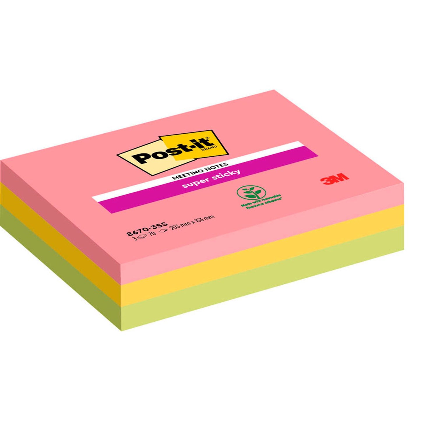 Post-it® Super Sticky Meeting Notes Haftnotizen extrastark farbsortiert, 3 Blöcke | 8670-3SS-EU | 1 Pack = 3 Blöcke