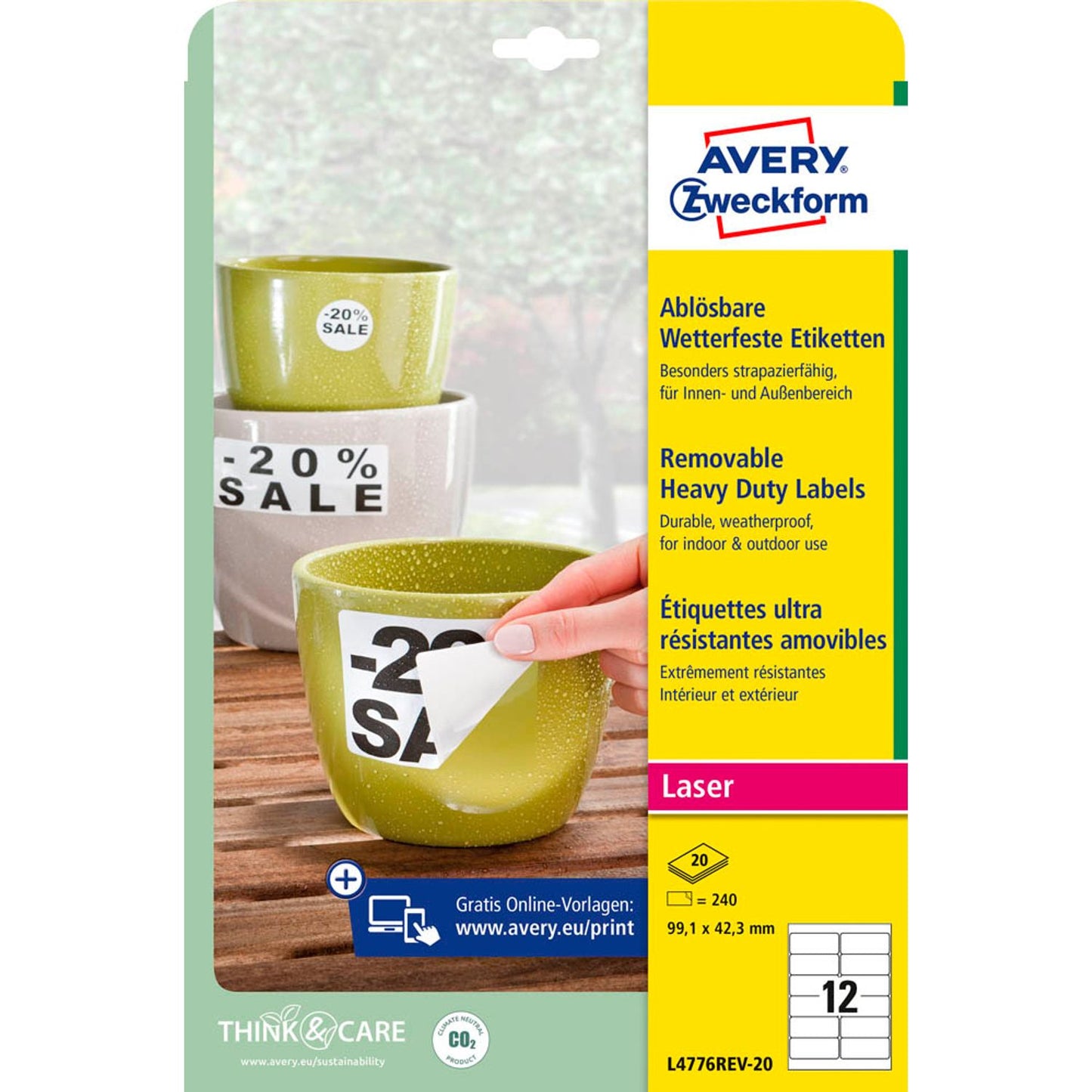 AVERY Zweckform wetterfeste Folienetiketten weiß 99,1 x 42,3 mm | L4776REV-20 | 1 Pack = 20 Blatt