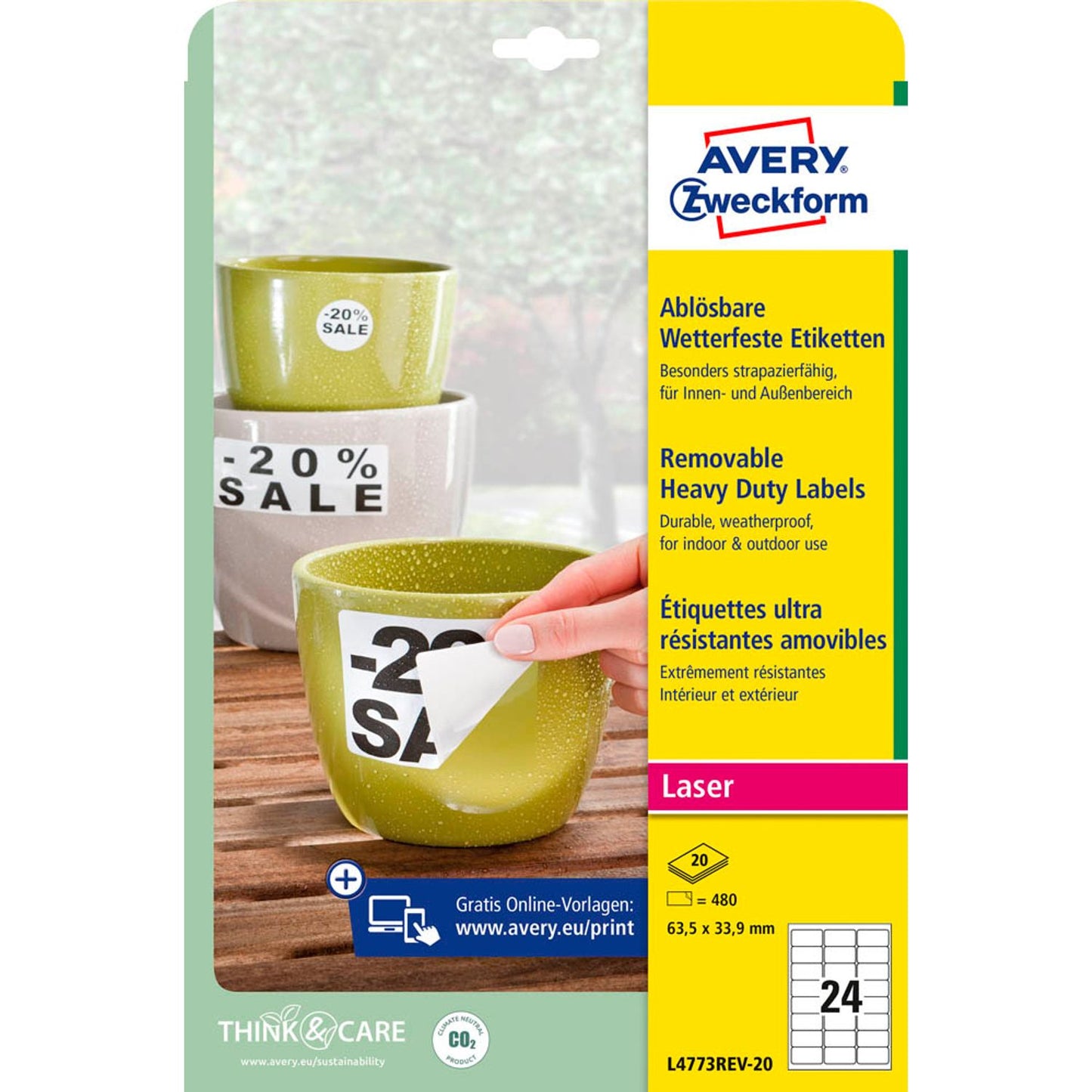 AVERY Zweckform wetterfeste Folienetiketten weiß 63,5 x 33,9 mm | L4773REV-20 | 1 Pack = 20 Blatt