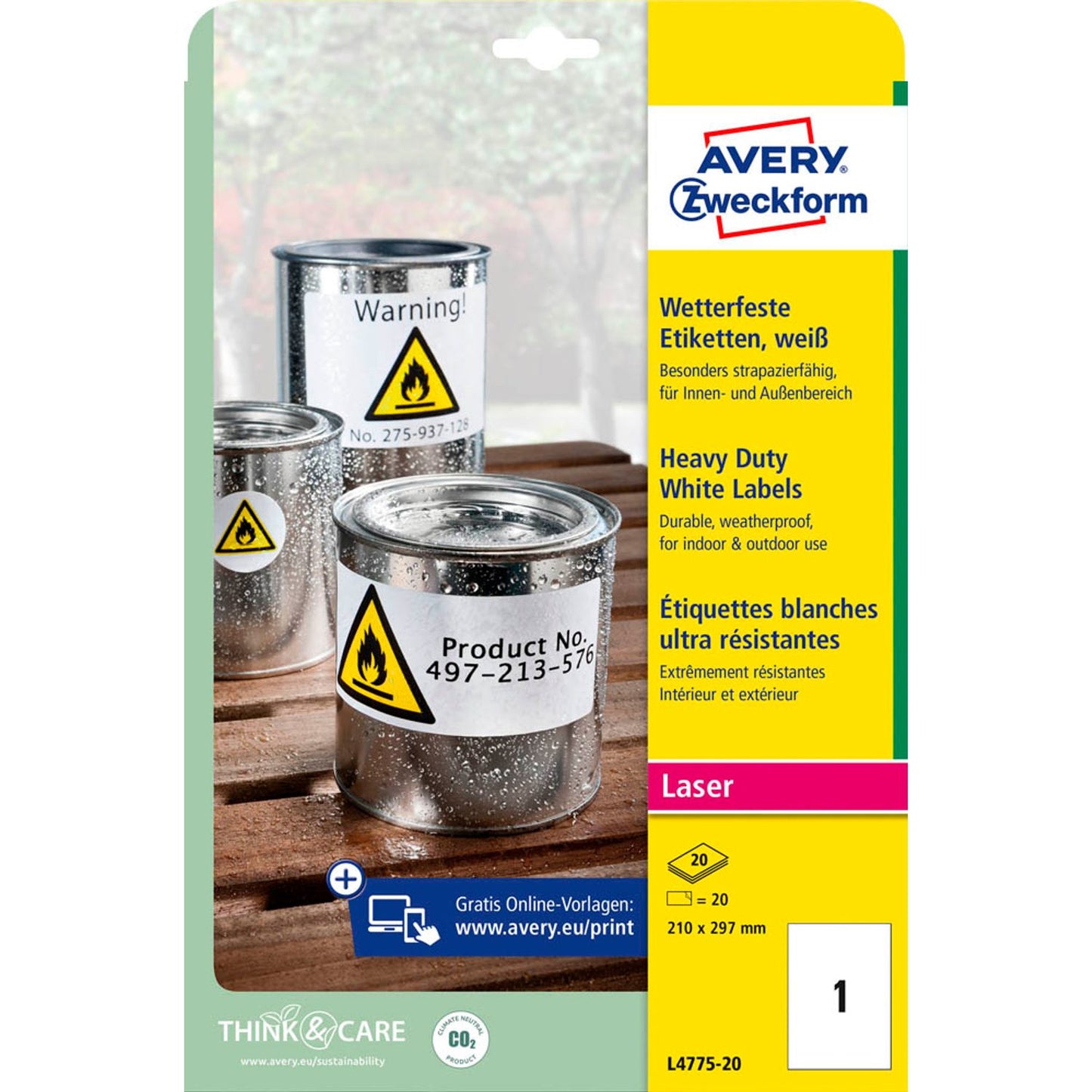 AVERY Zweckform wetterfeste Folienetiketten weiß 210,0 x 297,0 mm | L4775-20 | 1 Pack = 20 Blatt