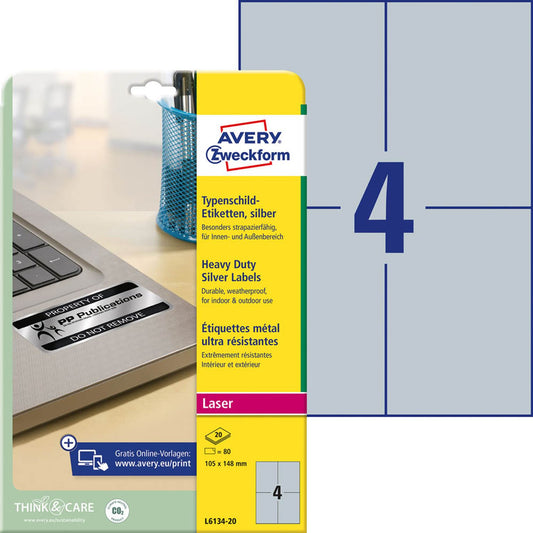 AVERY Zweckform Typenschildetiketten silber 105,0 x 148,0 mm | L6134-20 | 1 Pack = 20 Blatt