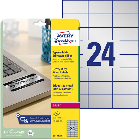 AVERY Zweckform Typenschildetiketten silber 70,0 x 37,0 mm | L6133-20 | 1 Pack = 20 Blatt