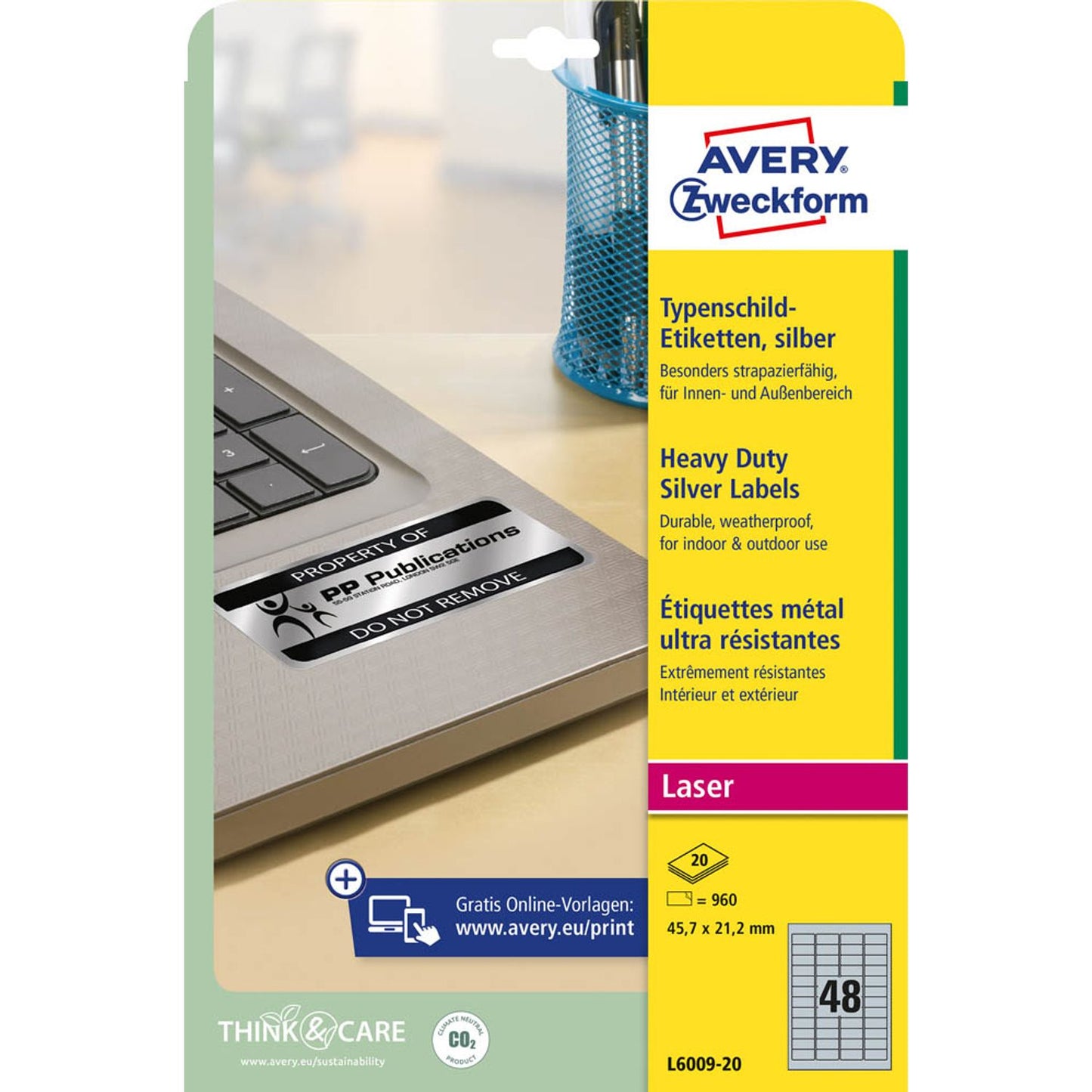 AVERY Zweckform Typenschildetiketten silber 45,7 x 21,2 mm | L6009-20 | 1 Pack = 20 Blatt